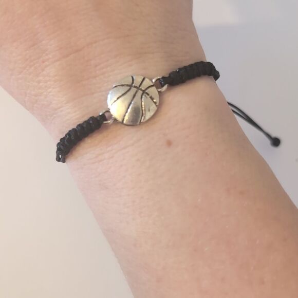 766 Black Woven Adjustable Slider Bracelet with Silver‎ Basketball Charm - Picture 1 of 5